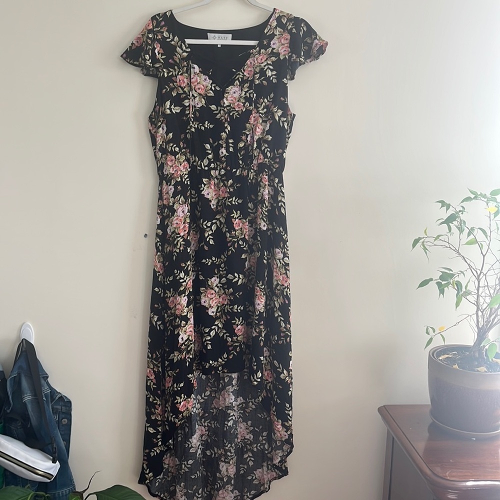 Wayf Hi low Hem Asymmetrical‎ Floral Dress Ruffle Sleeve Feminine sz M Romantic